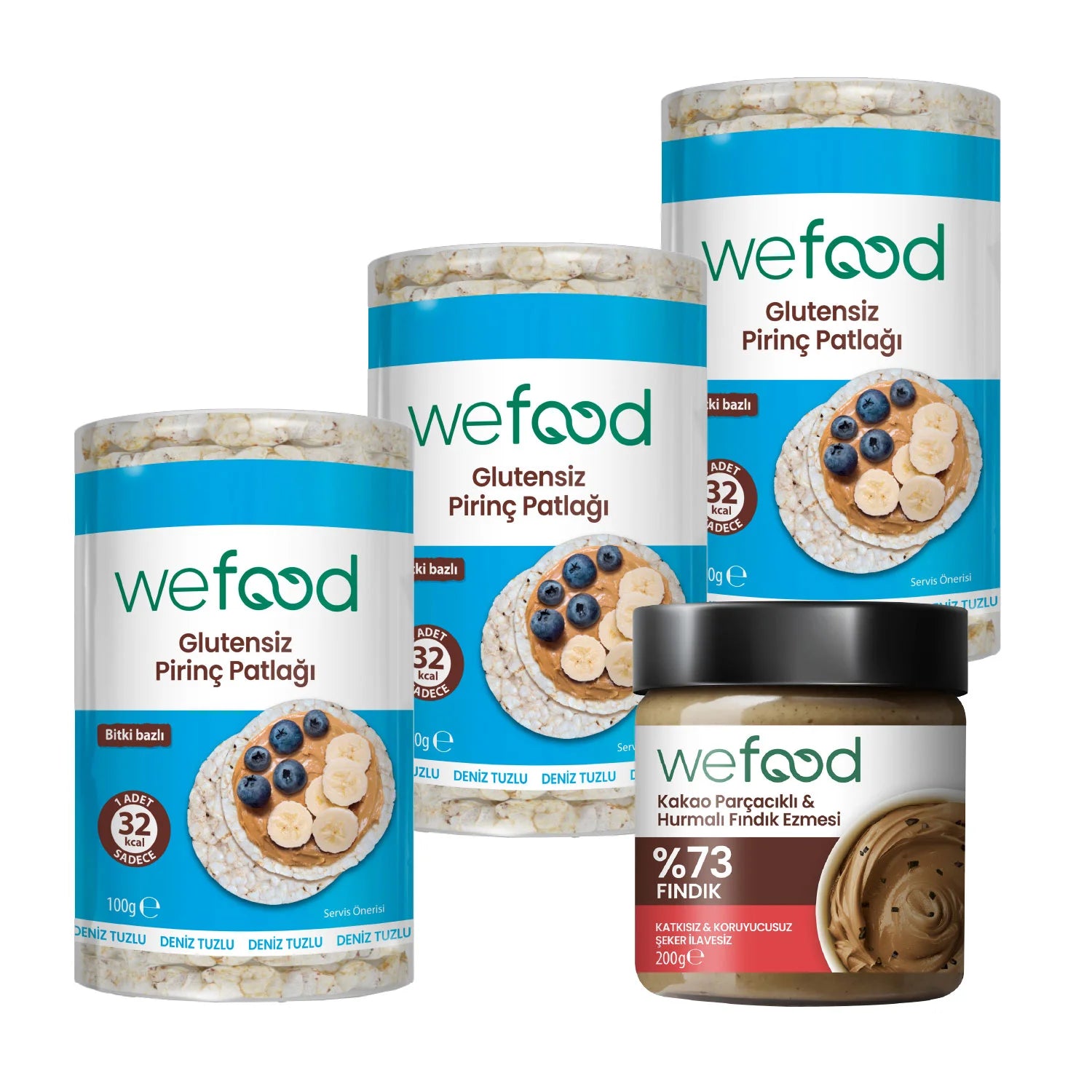 Wefood Kakao Parçacıklı Fındık Ezmesi 200 gr +Wefood Glutensiz Pirinç Patlağı 100 gr 3'lü